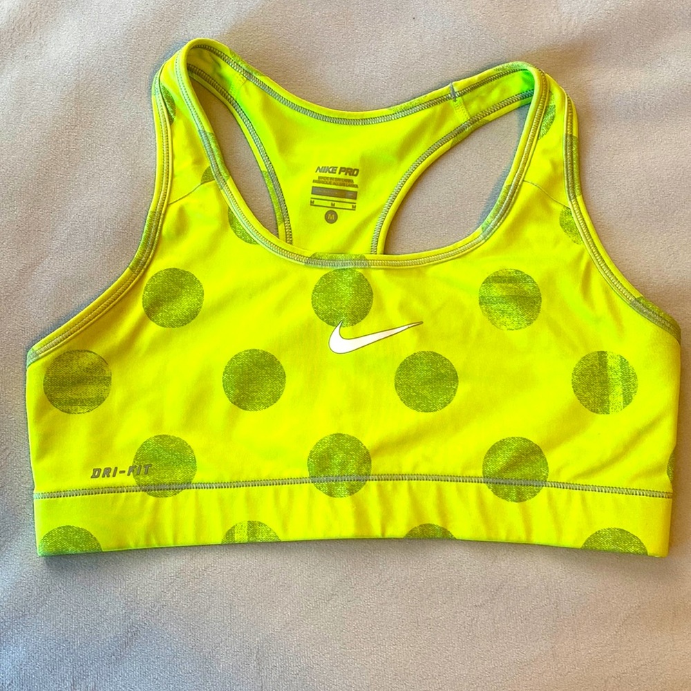 Nike Pro Dri-Fit sports bra bright yellow with gray dots Sz Med Excellent!